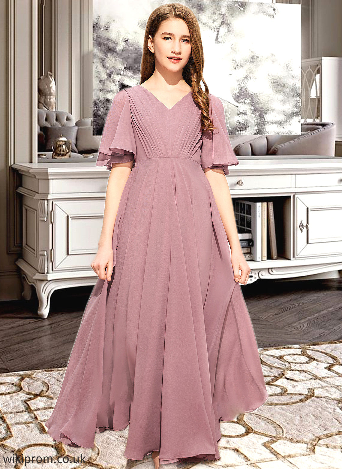 Araceli A-Line V-neck Floor-Length Chiffon Junior Bridesmaid Dress With Ruffle SWKP0013510