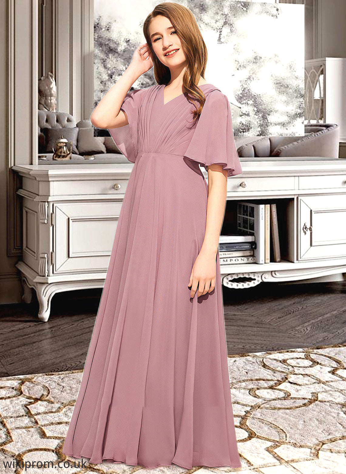 Araceli A-Line V-neck Floor-Length Chiffon Junior Bridesmaid Dress With Ruffle SWKP0013510