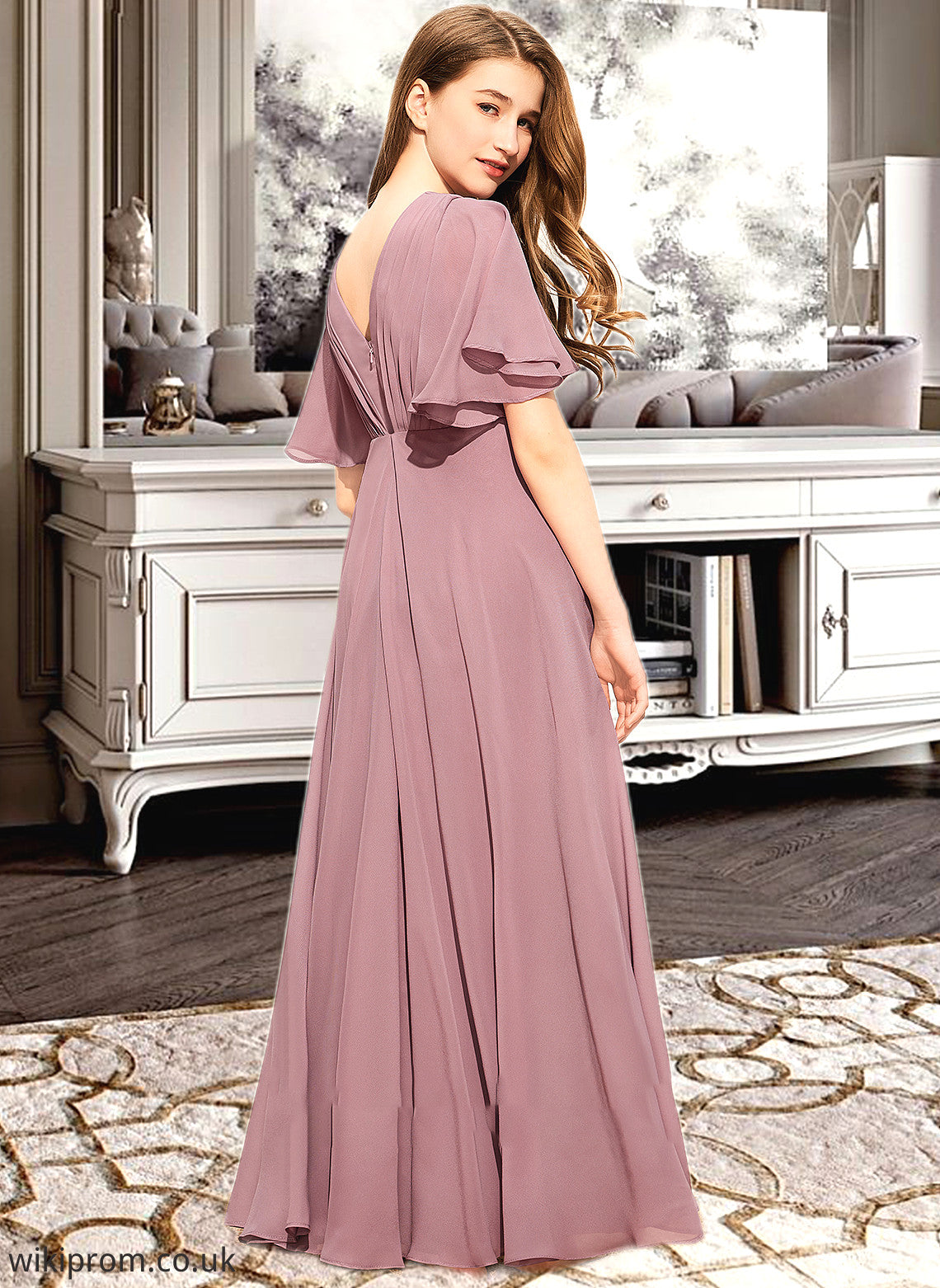 Araceli A-Line V-neck Floor-Length Chiffon Junior Bridesmaid Dress With Ruffle SWKP0013510