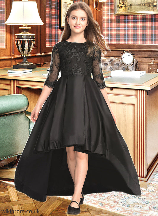 Everleigh A-Line Scoop Neck Asymmetrical Satin Lace Junior Bridesmaid Dress With Ruffle SWKP0013511