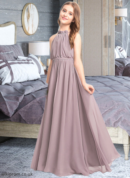 Emely A-Line High Neck Floor-Length Chiffon Junior Bridesmaid Dress With Bow(s) Cascading Ruffles SWKP0013512