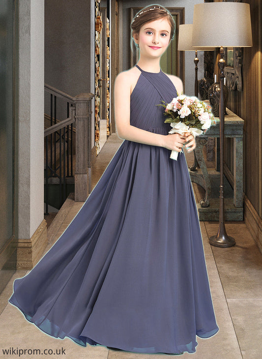 Sophronia A-Line Scoop Neck Floor-Length Chiffon Junior Bridesmaid Dress With Ruffle SWKP0013516