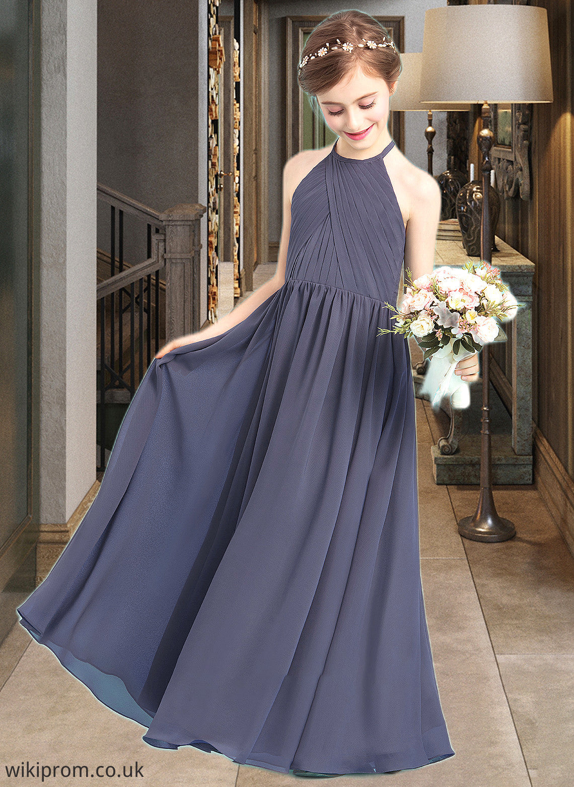 Sophronia A-Line Scoop Neck Floor-Length Chiffon Junior Bridesmaid Dress With Ruffle SWKP0013516