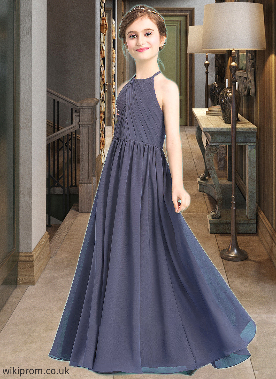 Sophronia A-Line Scoop Neck Floor-Length Chiffon Junior Bridesmaid Dress With Ruffle SWKP0013516