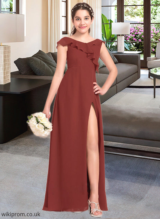 Neveah A-Line V-neck Floor-Length Chiffon Junior Bridesmaid Dress With Split Front Cascading Ruffles SWKP0013517