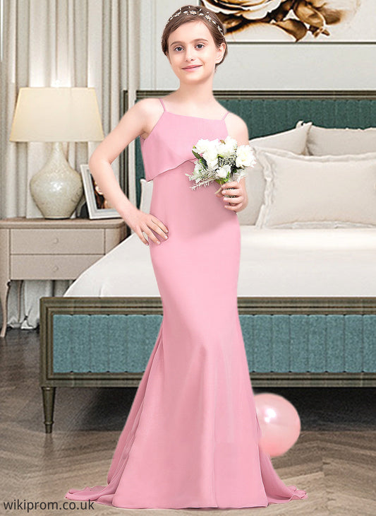 Vivien Trumpet/Mermaid Square Neckline Sweep Train Chiffon Junior Bridesmaid Dress With Cascading Ruffles SWKP0013518