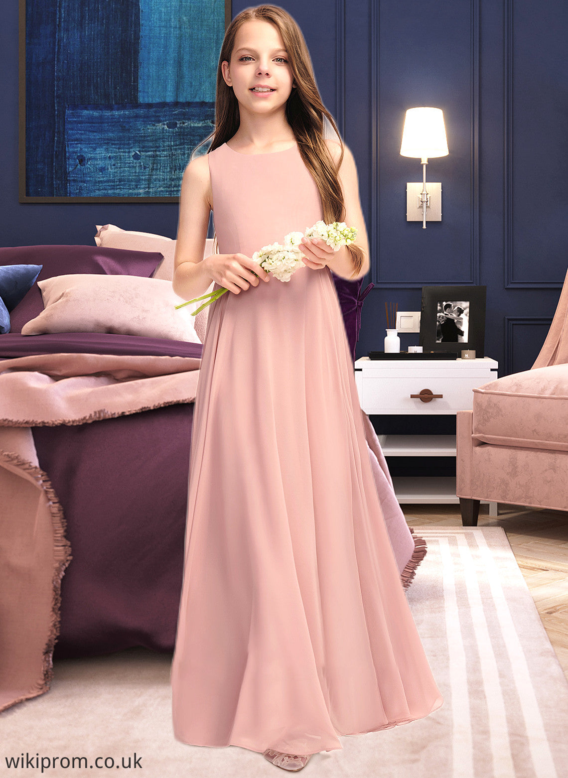 Krystal A-Line Scoop Neck Floor-Length Chiffon Junior Bridesmaid Dress With Bow(s) SWKP0013520