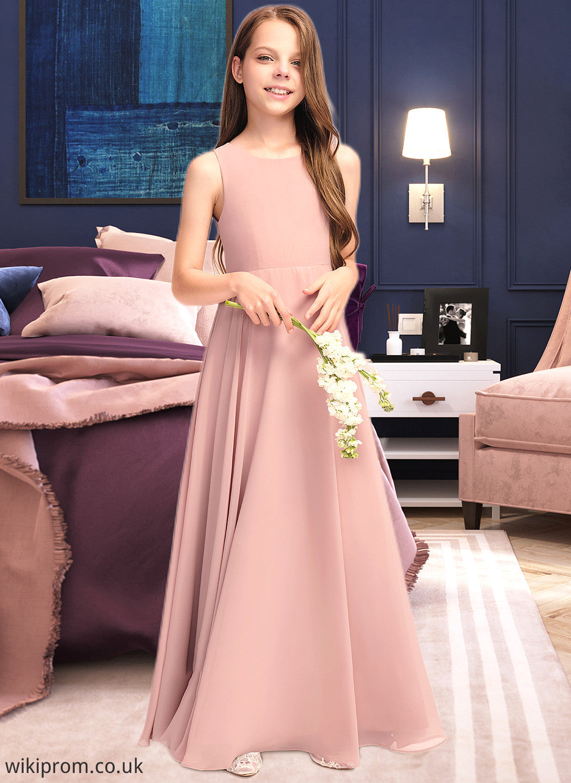 Krystal A-Line Scoop Neck Floor-Length Chiffon Junior Bridesmaid Dress With Bow(s) SWKP0013520