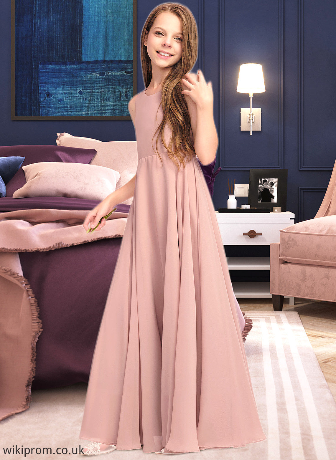 Krystal A-Line Scoop Neck Floor-Length Chiffon Junior Bridesmaid Dress With Bow(s) SWKP0013520