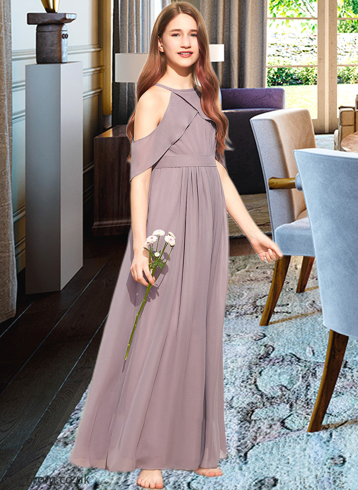 Terri A-Line Scoop Neck Floor-Length Chiffon Junior Bridesmaid Dress With Ruffle SWKP0013521