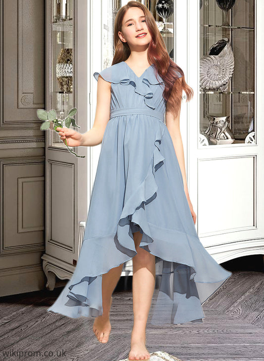 Megan A-Line V-neck Asymmetrical Chiffon Junior Bridesmaid Dress With Bow(s) Cascading Ruffles SWKP0013522