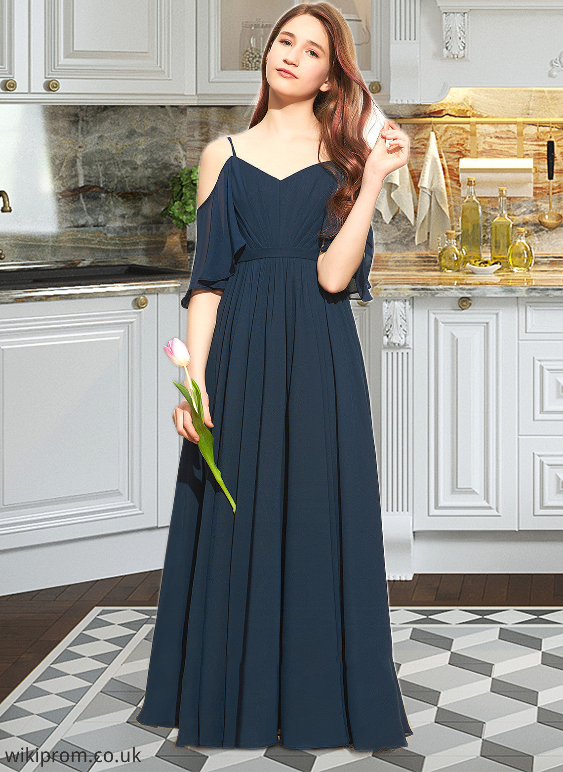 Nathalie A-Line Off-the-Shoulder Floor-Length Chiffon Junior Bridesmaid Dress With Ruffle SWKP0013524