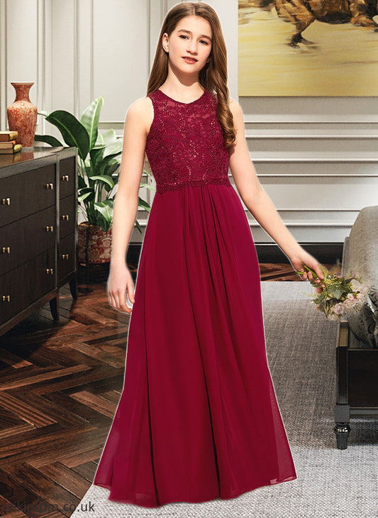 Tatum A-Line Scoop Neck Floor-Length Chiffon Lace Junior Bridesmaid Dress With Sequins SWKP0013525