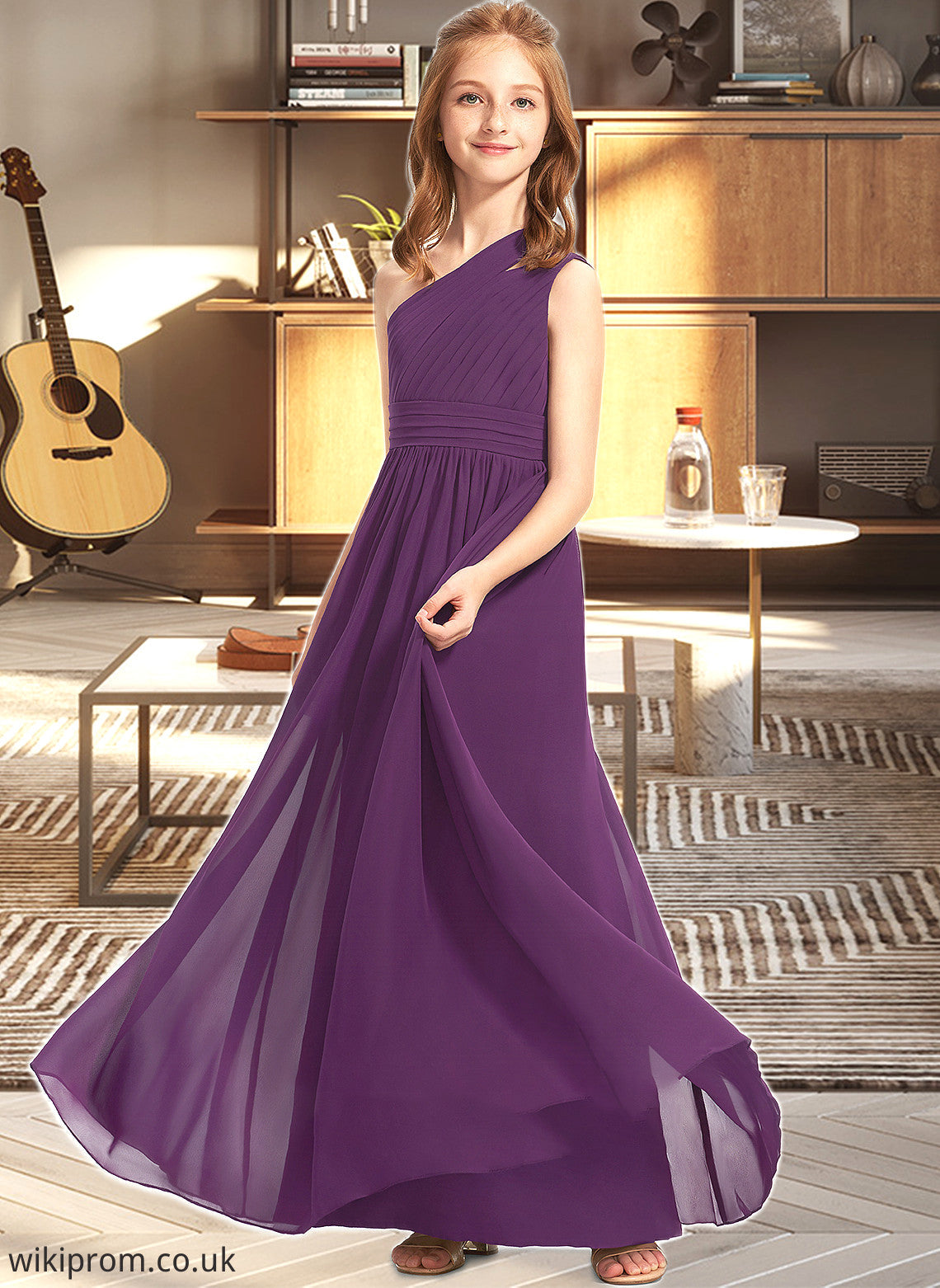 Kayden A-Line One-Shoulder Floor-Length Chiffon Junior Bridesmaid Dress With Ruffle SWKP0013527