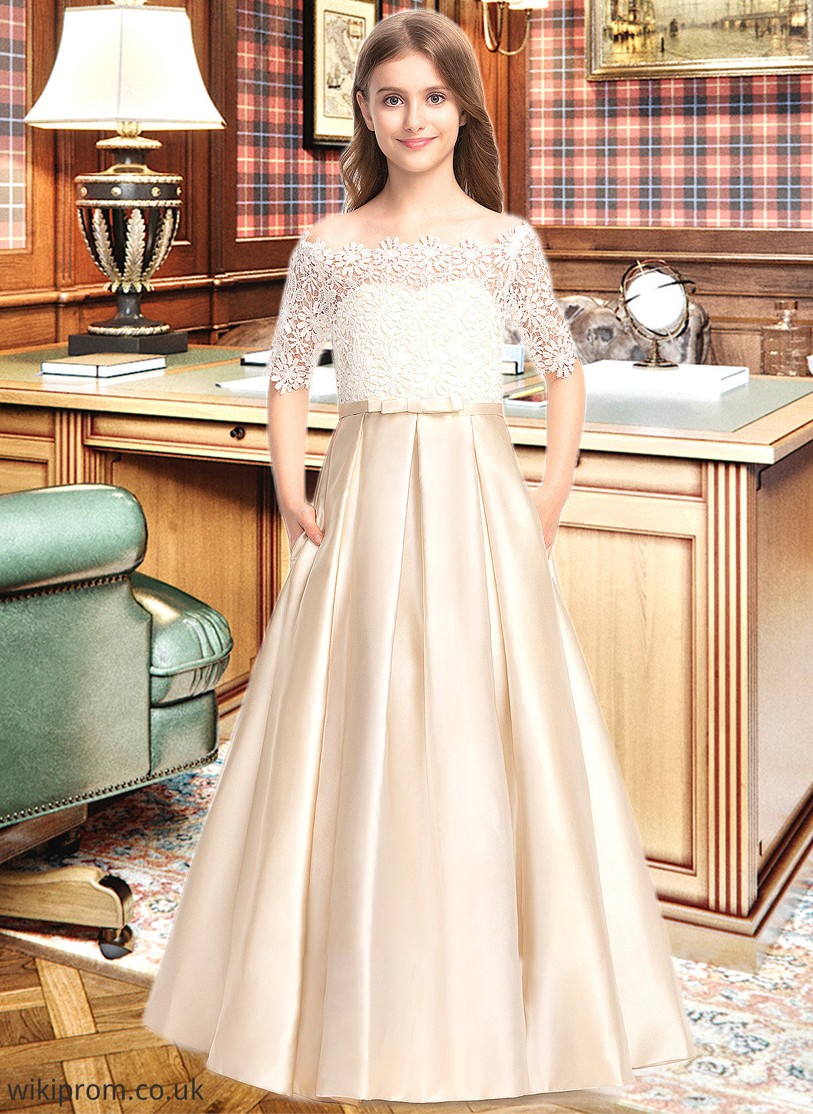 Denisse Ball-Gown/Princess Off-the-Shoulder Floor-Length Satin Lace Junior Bridesmaid Dress With Bow(s) Pockets SWKP0013530