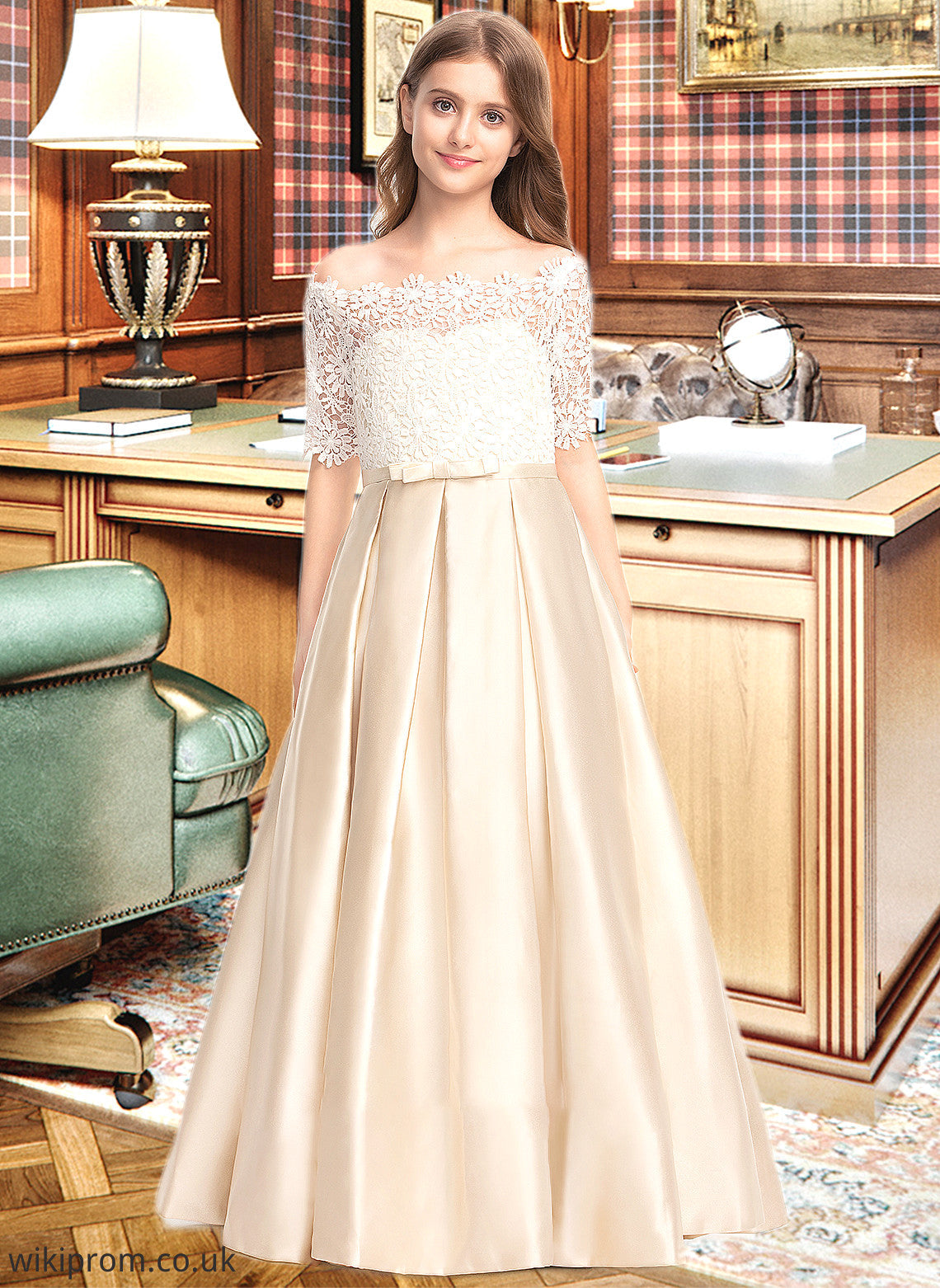 Denisse Ball-Gown/Princess Off-the-Shoulder Floor-Length Satin Lace Junior Bridesmaid Dress With Bow(s) Pockets SWKP0013530