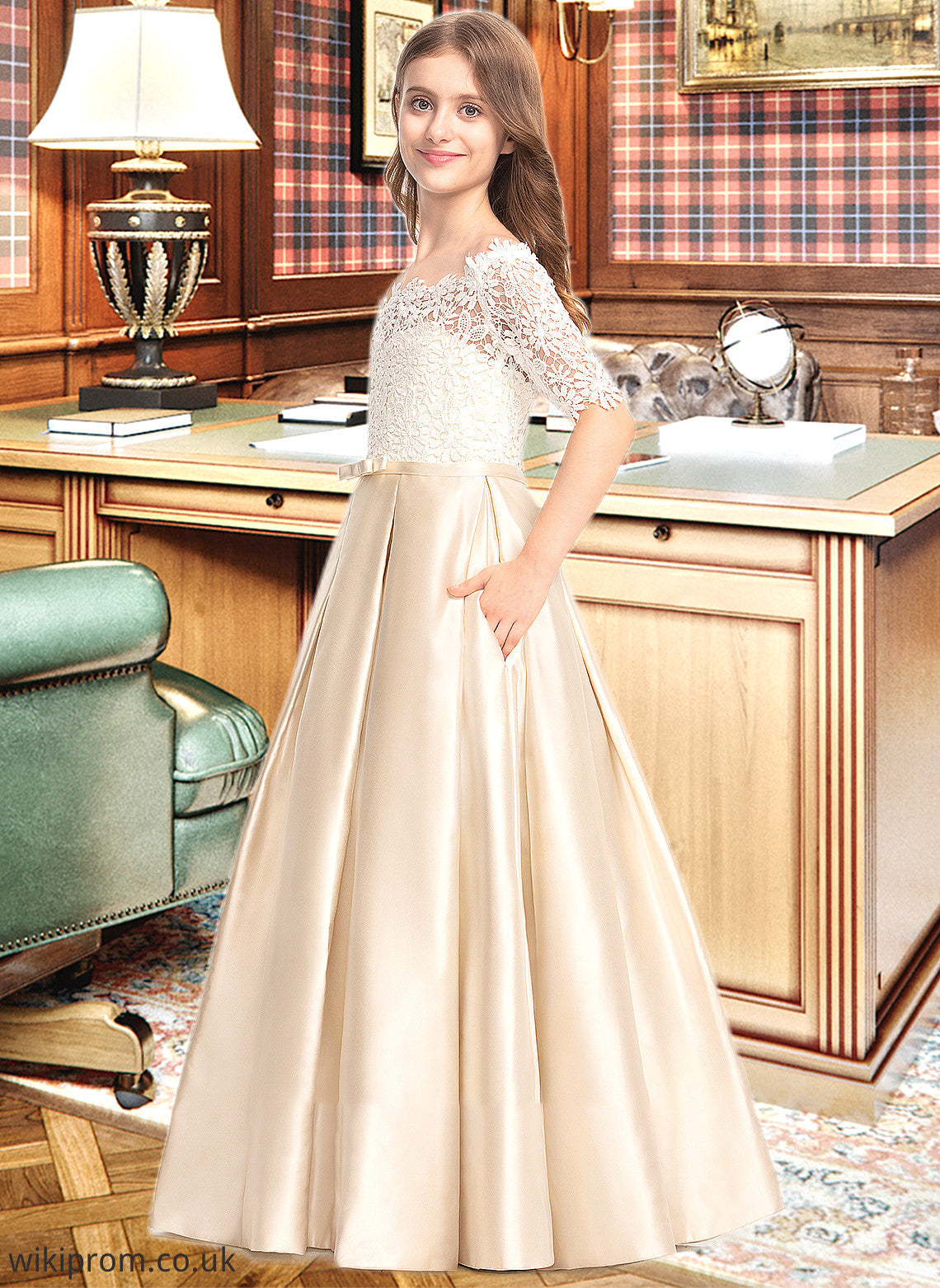 Denisse Ball-Gown/Princess Off-the-Shoulder Floor-Length Satin Lace Junior Bridesmaid Dress With Bow(s) Pockets SWKP0013530