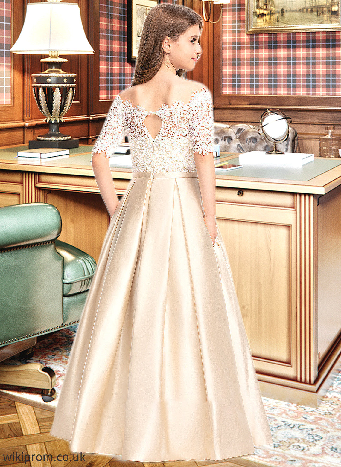 Denisse Ball-Gown/Princess Off-the-Shoulder Floor-Length Satin Lace Junior Bridesmaid Dress With Bow(s) Pockets SWKP0013530