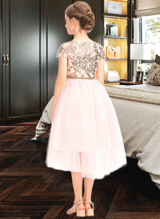 Kimberly A-Line Scoop Neck Asymmetrical Tulle Junior Bridesmaid Dress With Sequins SWKP0013531