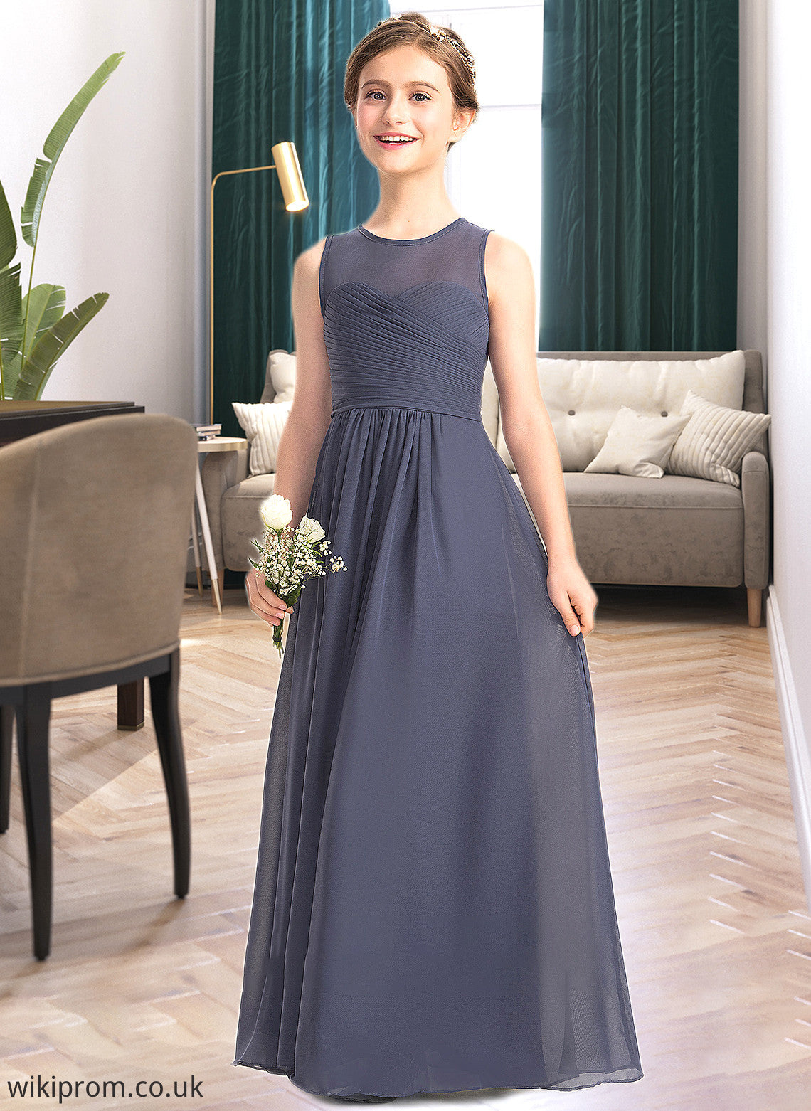 Fatima A-Line Scoop Neck Floor-Length Chiffon Junior Bridesmaid Dress With Ruffle SWKP0013533