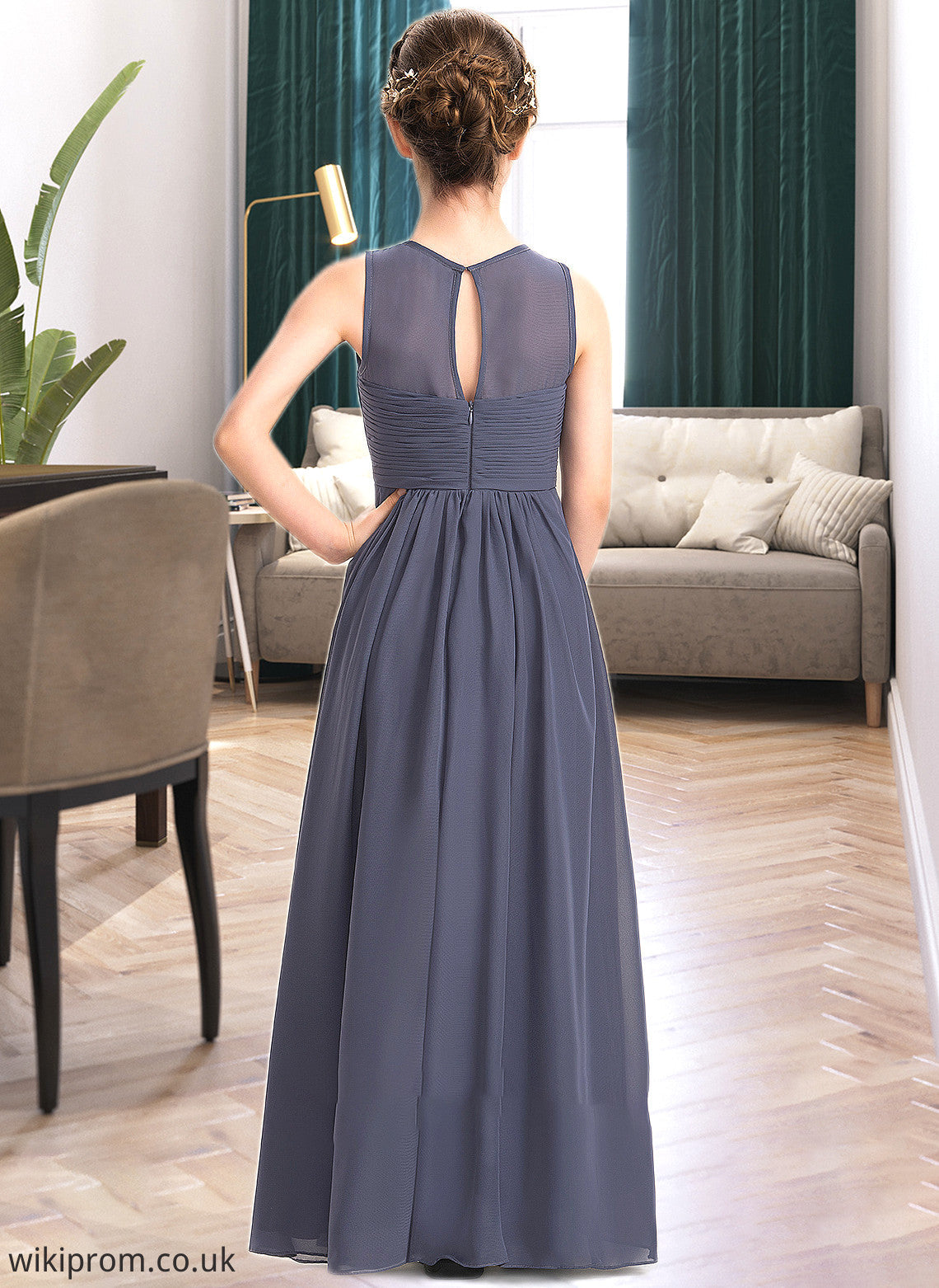 Fatima A-Line Scoop Neck Floor-Length Chiffon Junior Bridesmaid Dress With Ruffle SWKP0013533