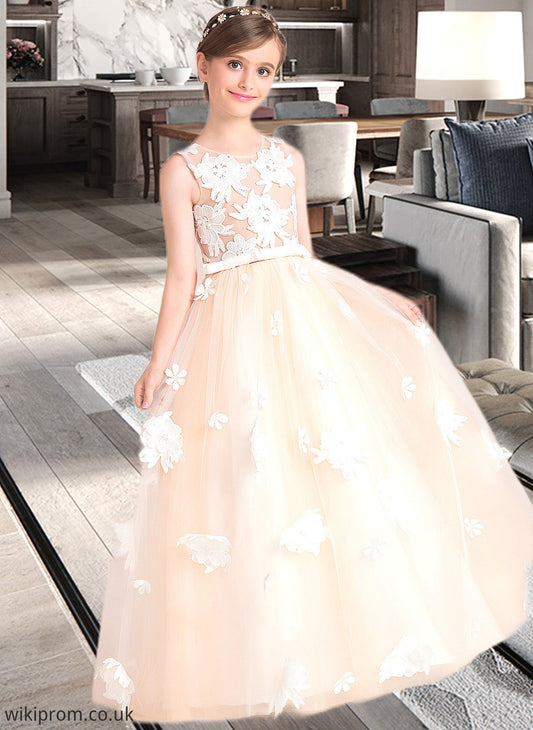 Nevaeh Ball-Gown/Princess Scoop Neck Floor-Length Tulle Junior Bridesmaid Dress With Flower(s) Bow(s) SWKP0013534