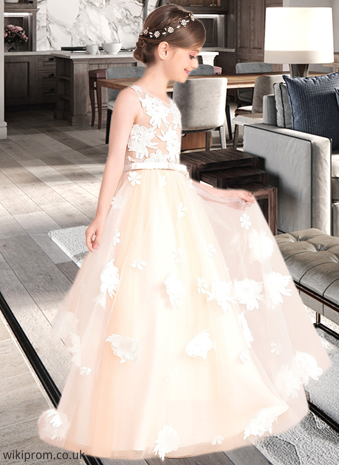 Nevaeh Ball-Gown/Princess Scoop Neck Floor-Length Tulle Junior Bridesmaid Dress With Flower(s) Bow(s) SWKP0013534