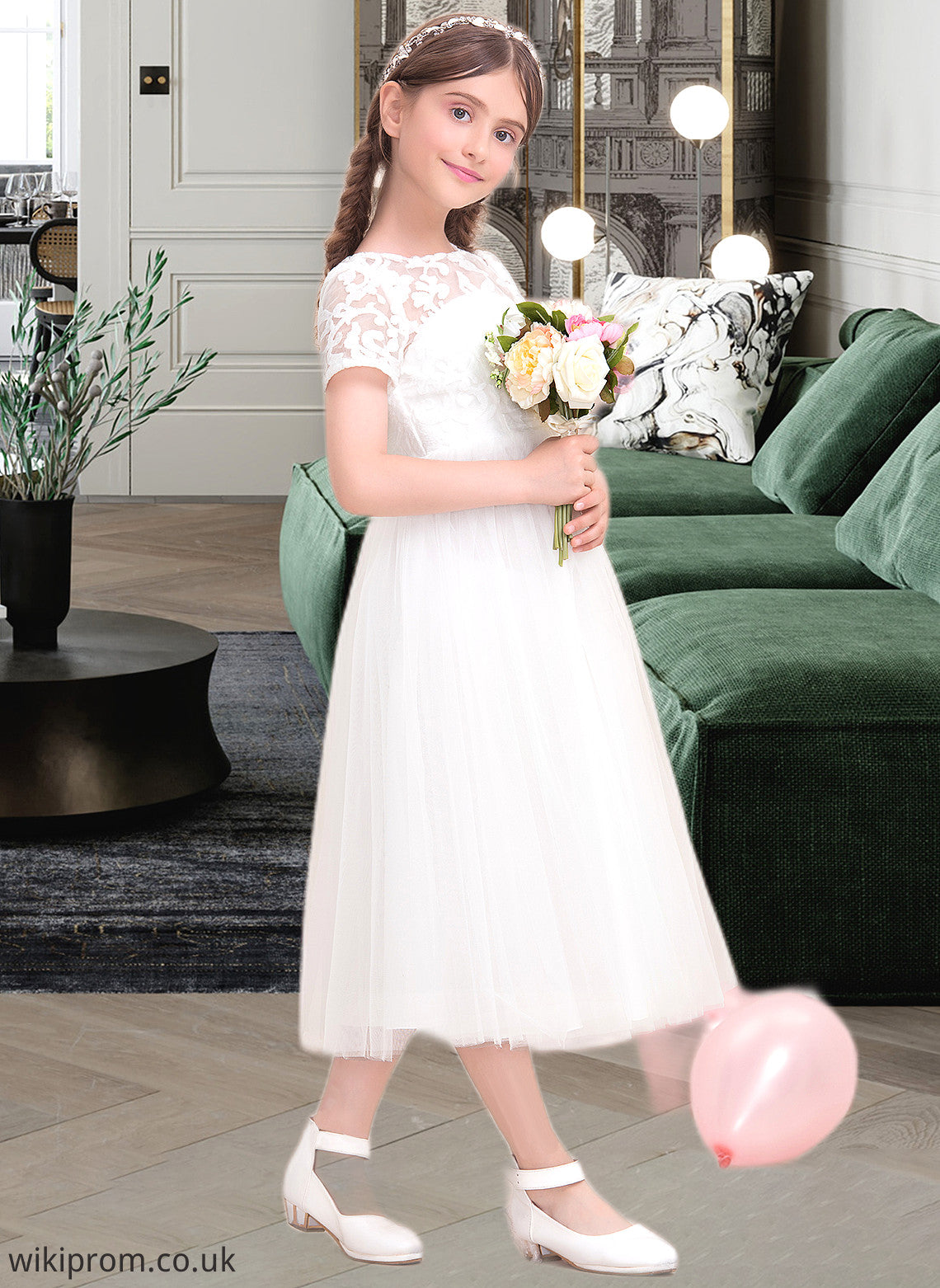 Keyla A-Line Scoop Neck Tea-Length Tulle Junior Bridesmaid Dress SWKP0013535