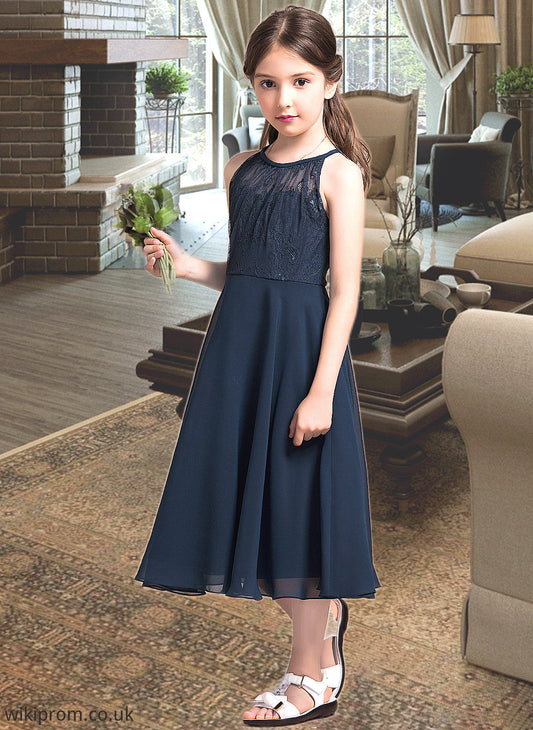 Mylee A-Line Scoop Neck Tea-Length Chiffon Lace Junior Bridesmaid Dress With Ruffle SWKP0013536