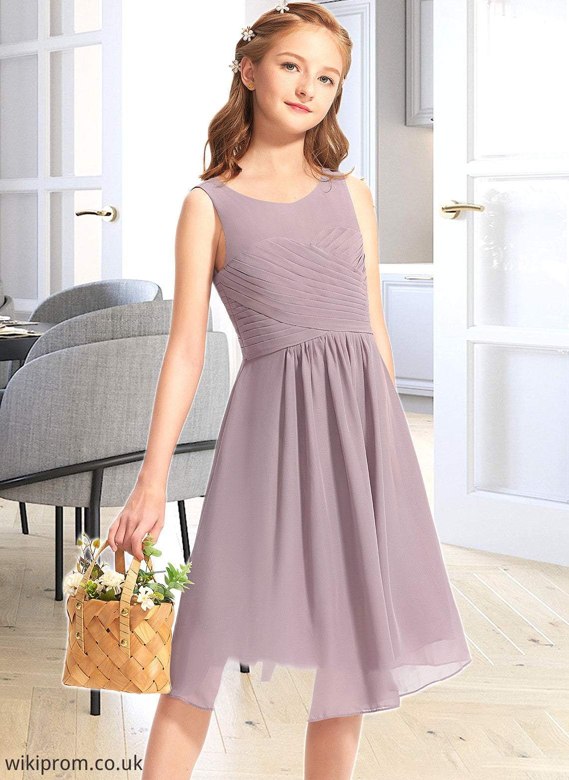 Mackenzie A-Line Scoop Neck Knee-Length Chiffon Junior Bridesmaid Dress With Ruffle SWKP0013537