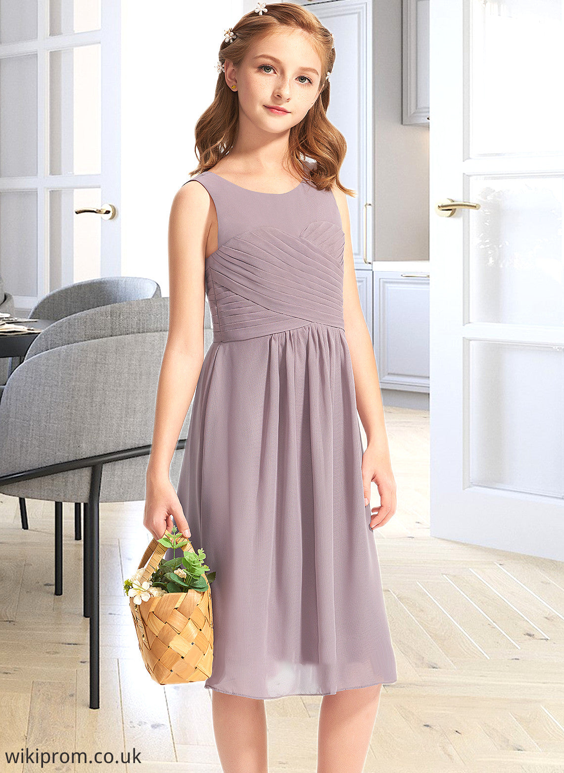 Mackenzie A-Line Scoop Neck Knee-Length Chiffon Junior Bridesmaid Dress With Ruffle SWKP0013537