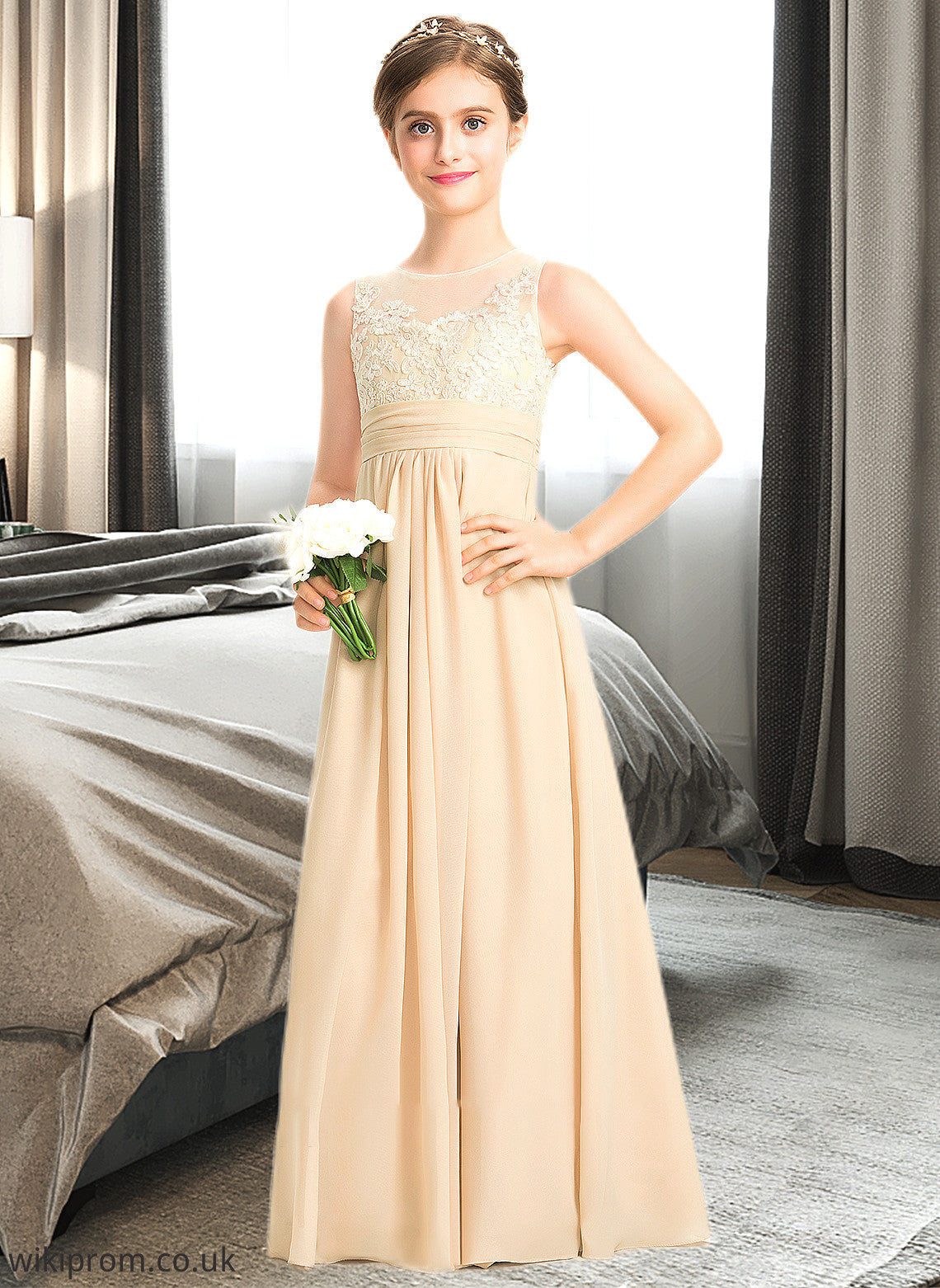 Kenna A-Line Scoop Neck Floor-Length Chiffon Lace Junior Bridesmaid Dress SWKP0013539