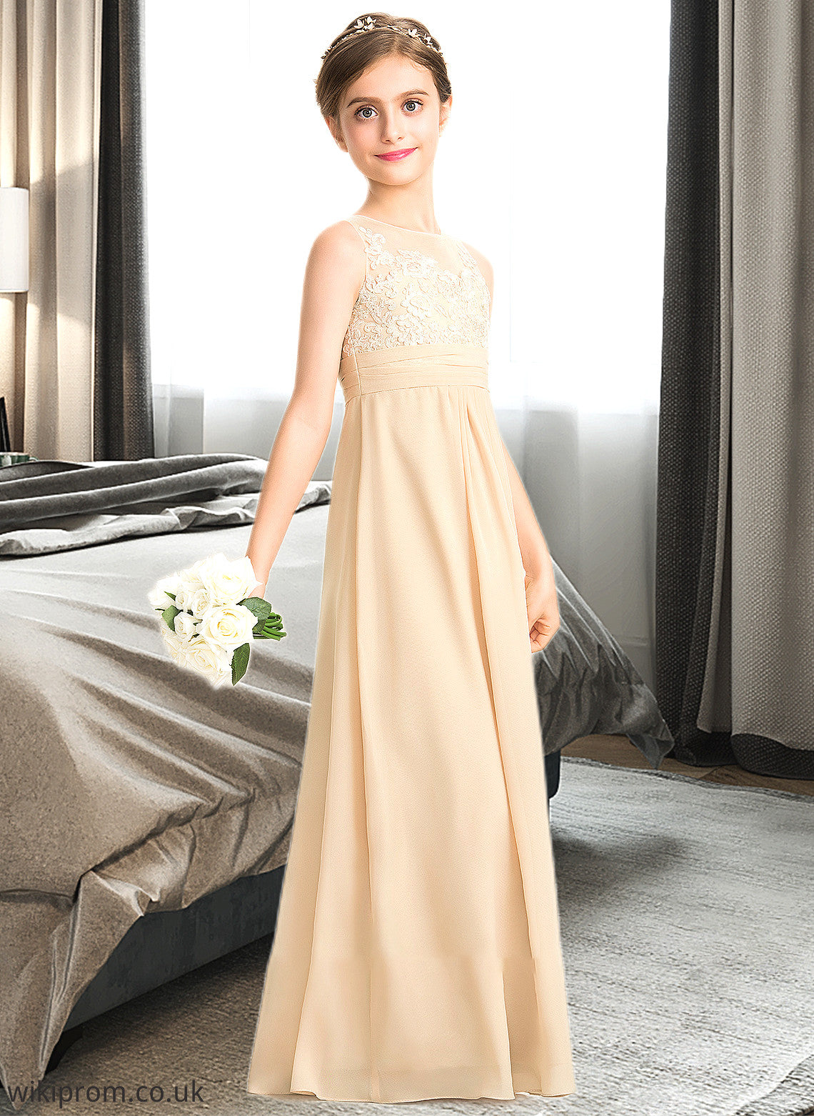 Kenna A-Line Scoop Neck Floor-Length Chiffon Lace Junior Bridesmaid Dress SWKP0013539