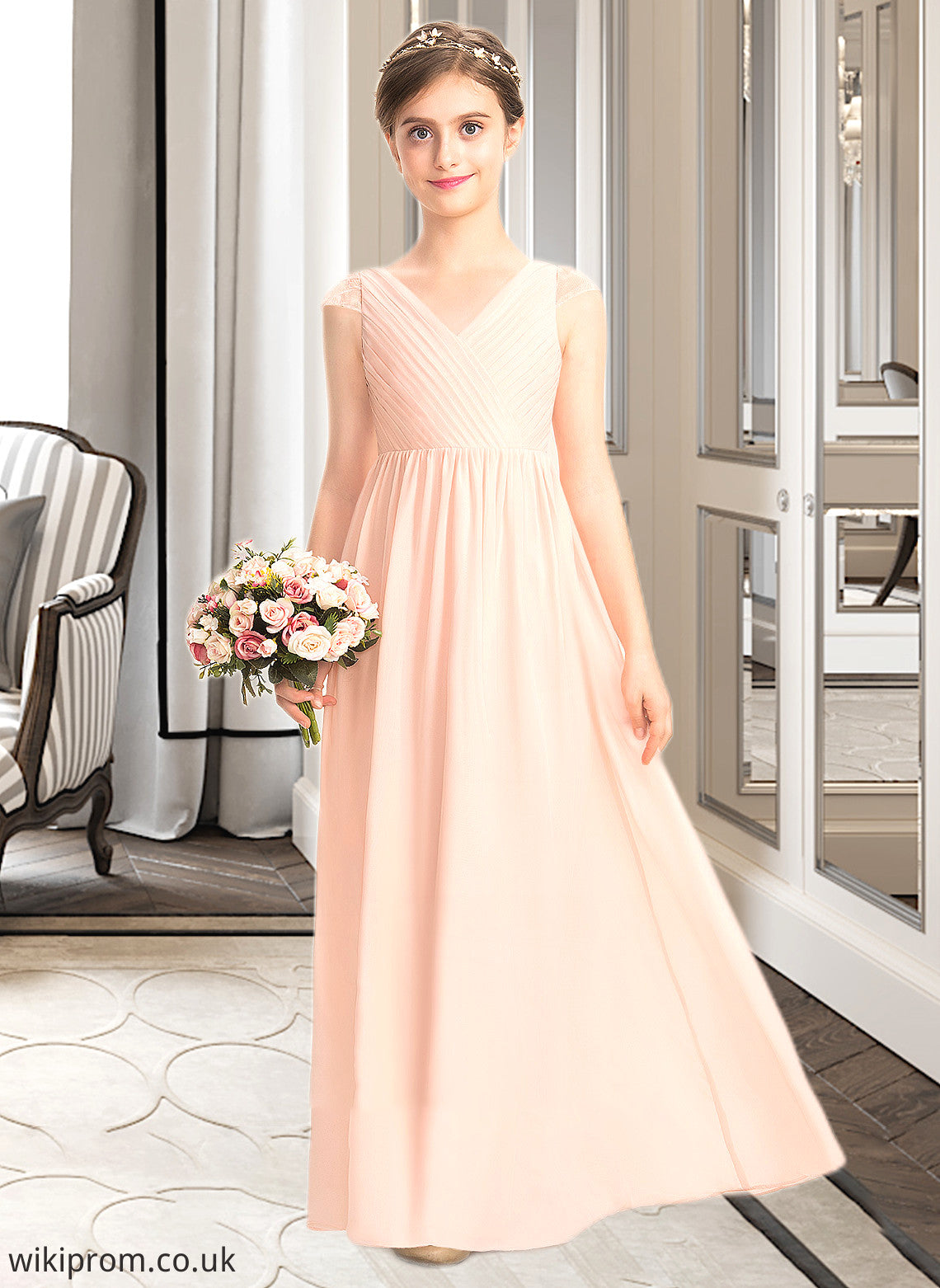 Patricia A-Line V-neck Floor-Length Chiffon Lace Junior Bridesmaid Dress With Ruffle SWKP0013540