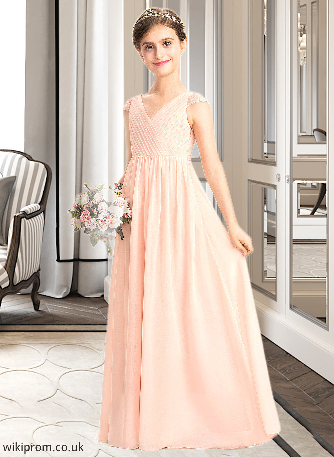 Patricia A-Line V-neck Floor-Length Chiffon Lace Junior Bridesmaid Dress With Ruffle SWKP0013540