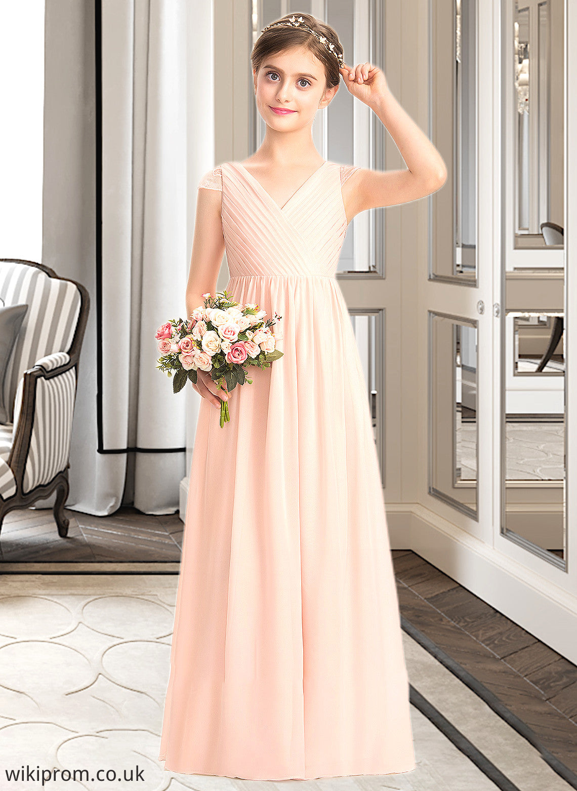 Patricia A-Line V-neck Floor-Length Chiffon Lace Junior Bridesmaid Dress With Ruffle SWKP0013540