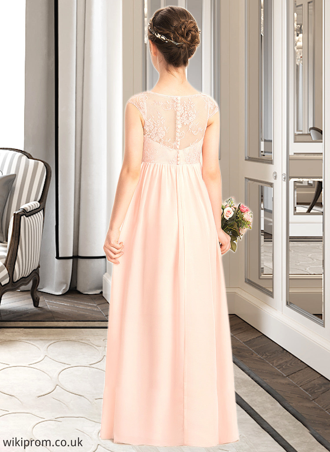 Patricia A-Line V-neck Floor-Length Chiffon Lace Junior Bridesmaid Dress With Ruffle SWKP0013540