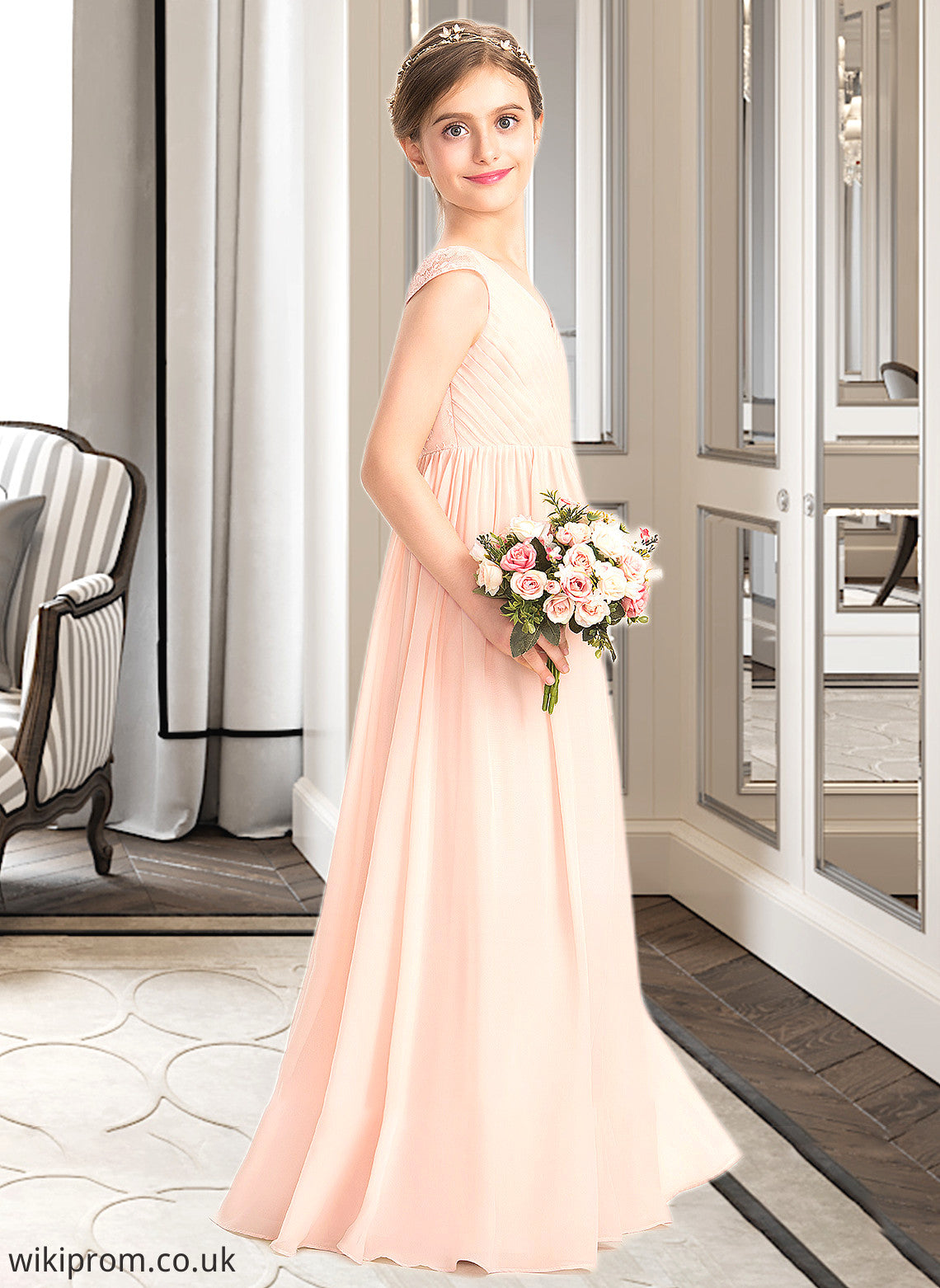 Patricia A-Line V-neck Floor-Length Chiffon Lace Junior Bridesmaid Dress With Ruffle SWKP0013540