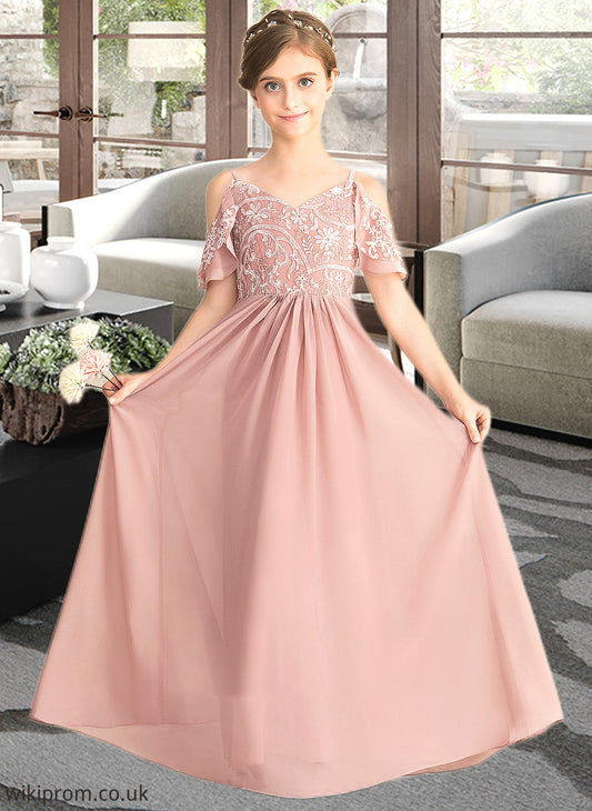 Lesly A-Line V-neck Floor-Length Chiffon Lace Junior Bridesmaid Dress SWKP0013541