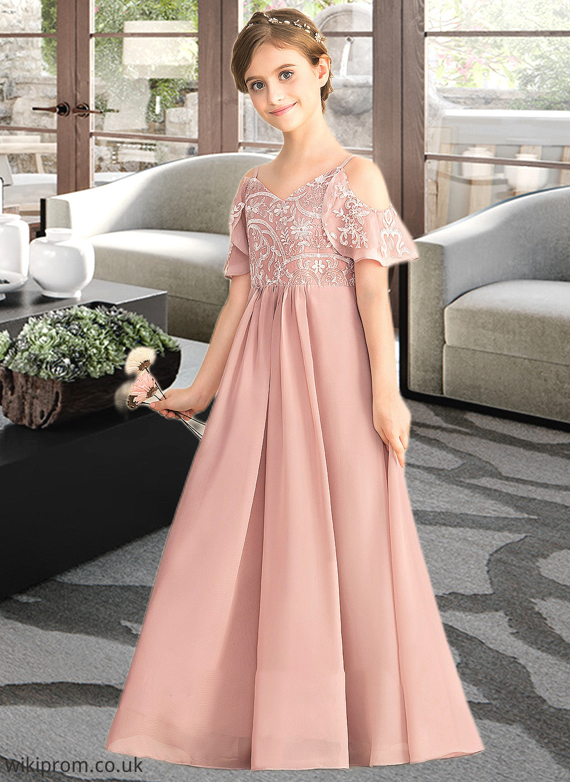 Lesly A-Line V-neck Floor-Length Chiffon Lace Junior Bridesmaid Dress SWKP0013541