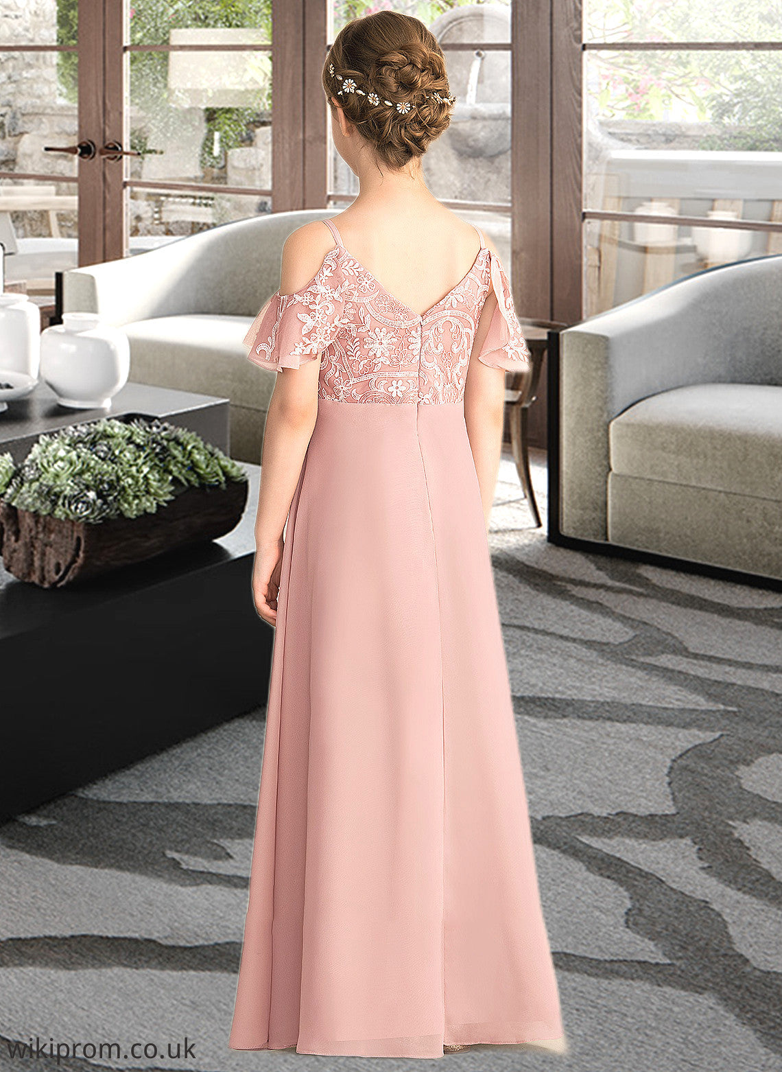 Lesly A-Line V-neck Floor-Length Chiffon Lace Junior Bridesmaid Dress SWKP0013541