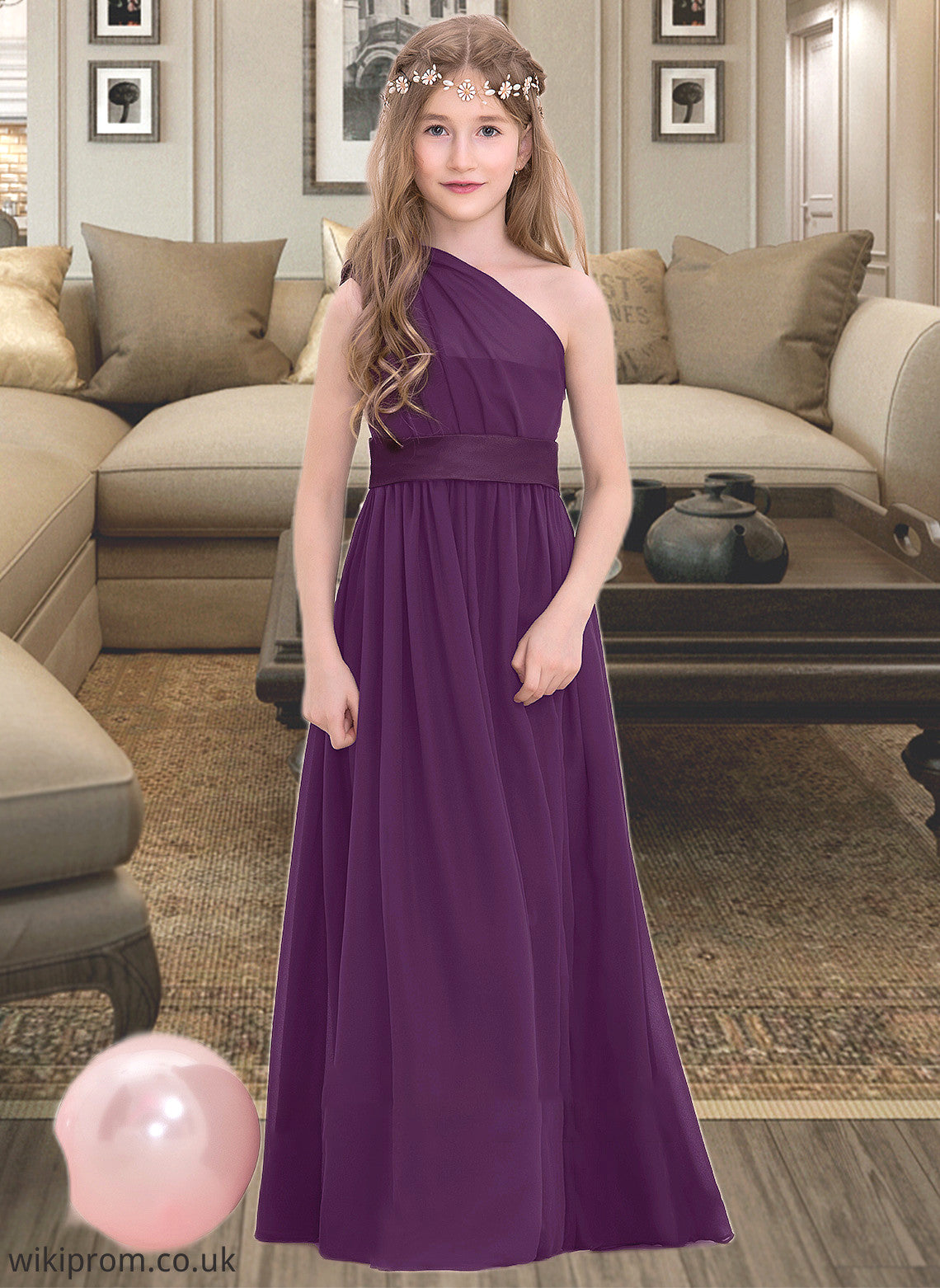 Ariana A-Line One-Shoulder Floor-Length Chiffon Junior Bridesmaid Dress With Ruffle SWKP0013544