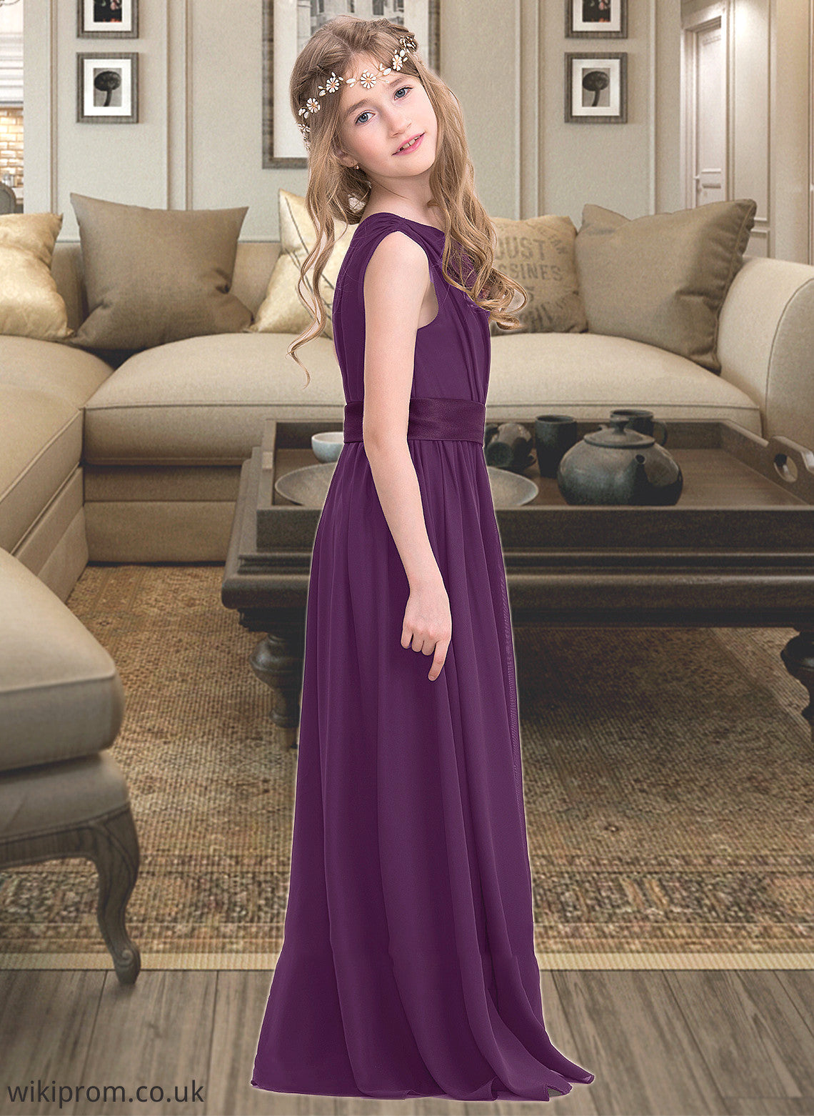 Ariana A-Line One-Shoulder Floor-Length Chiffon Junior Bridesmaid Dress With Ruffle SWKP0013544