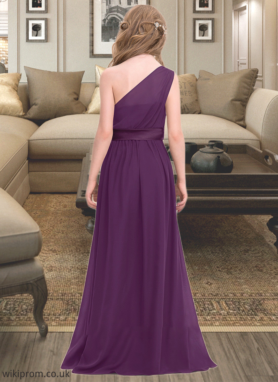 Ariana A-Line One-Shoulder Floor-Length Chiffon Junior Bridesmaid Dress With Ruffle SWKP0013544