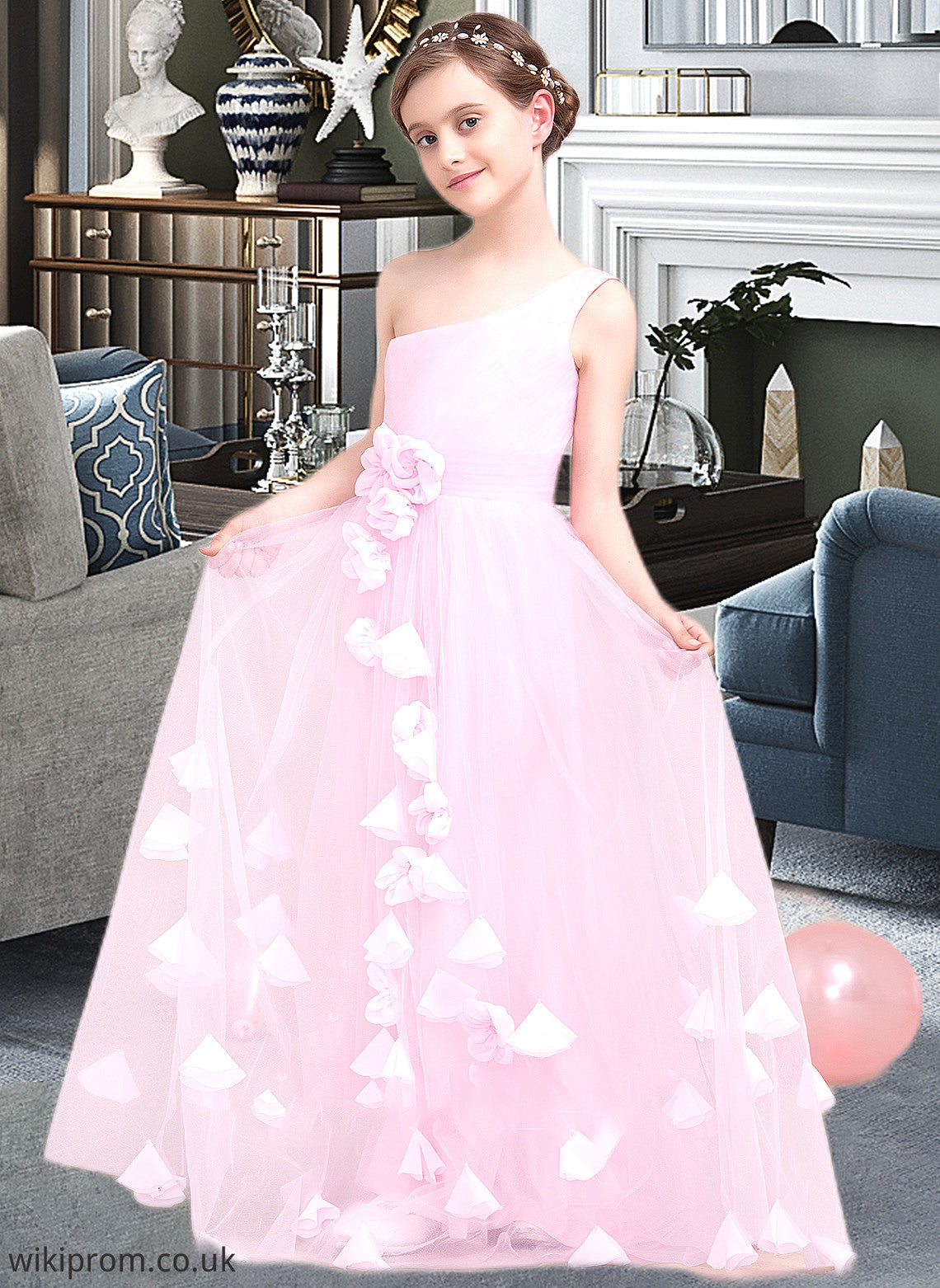 Skyla A-Line One-Shoulder Floor-Length Tulle Junior Bridesmaid Dress With Ruffle Flower(s) SWKP0013546