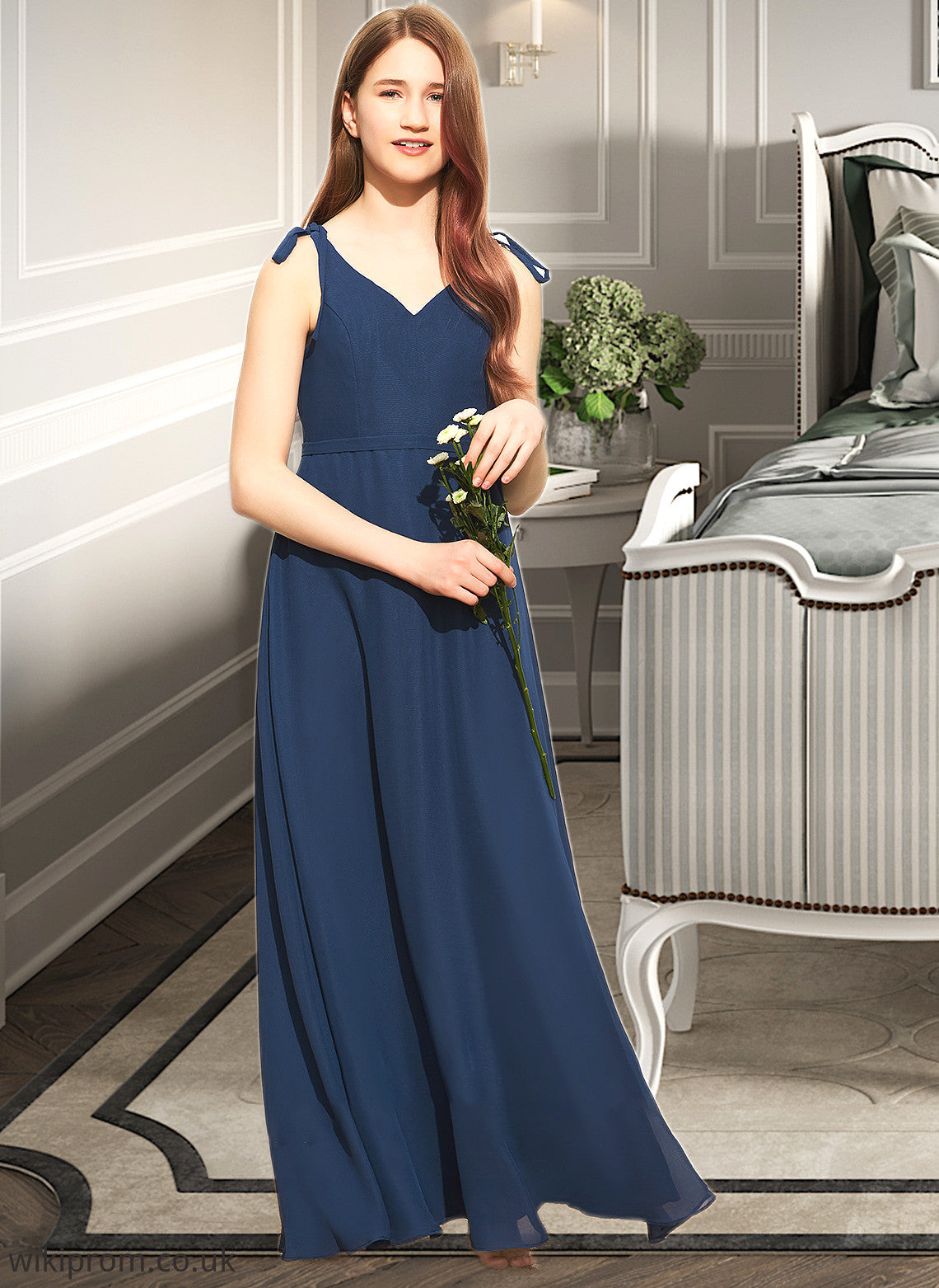 Britney A-Line V-neck Floor-Length Chiffon Junior Bridesmaid Dress With Bow(s) SWKP0013548