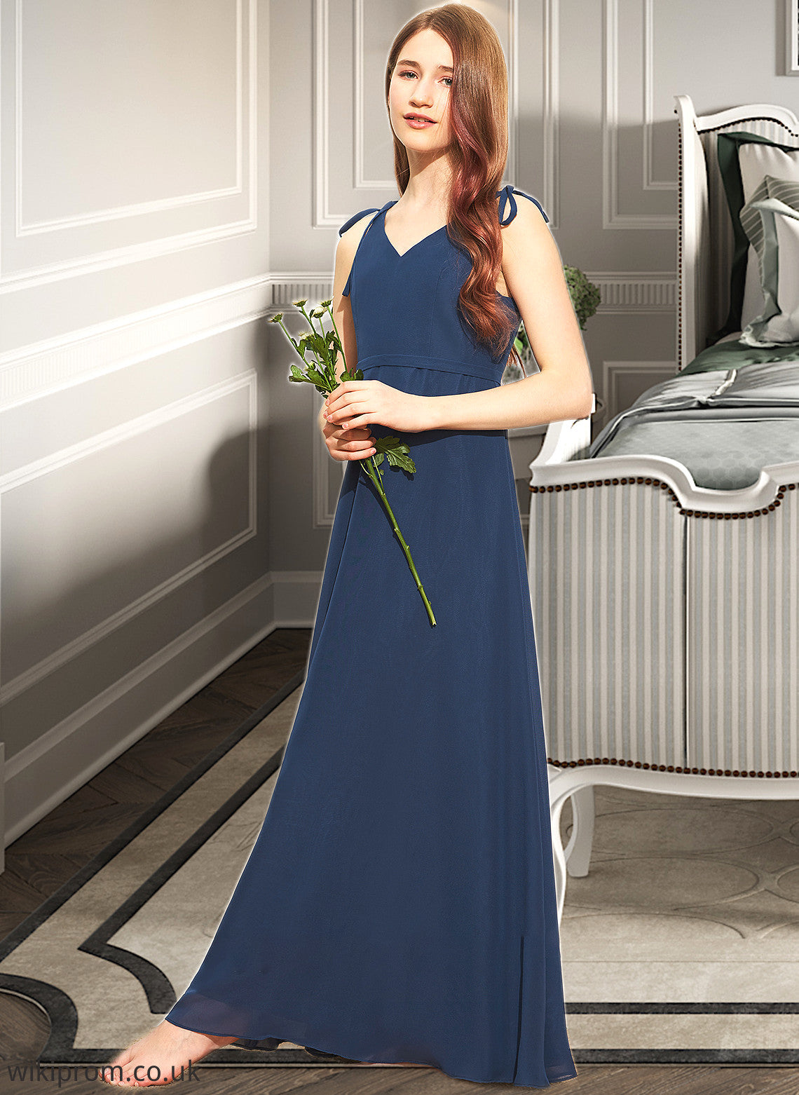 Britney A-Line V-neck Floor-Length Chiffon Junior Bridesmaid Dress With Bow(s) SWKP0013548