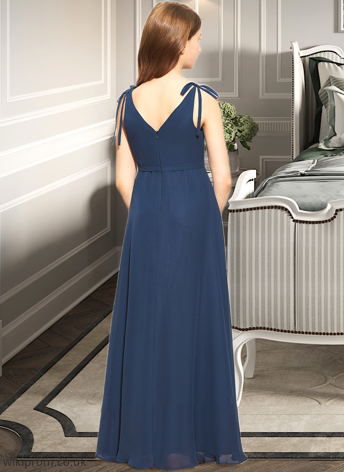 Britney A-Line V-neck Floor-Length Chiffon Junior Bridesmaid Dress With Bow(s) SWKP0013548