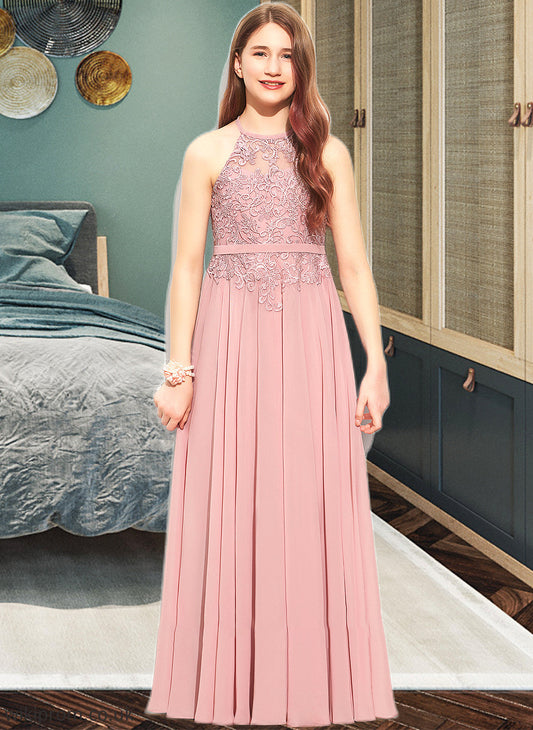 Maud A-Line Scoop Neck Floor-Length Chiffon Lace Junior Bridesmaid Dress SWKP0013549