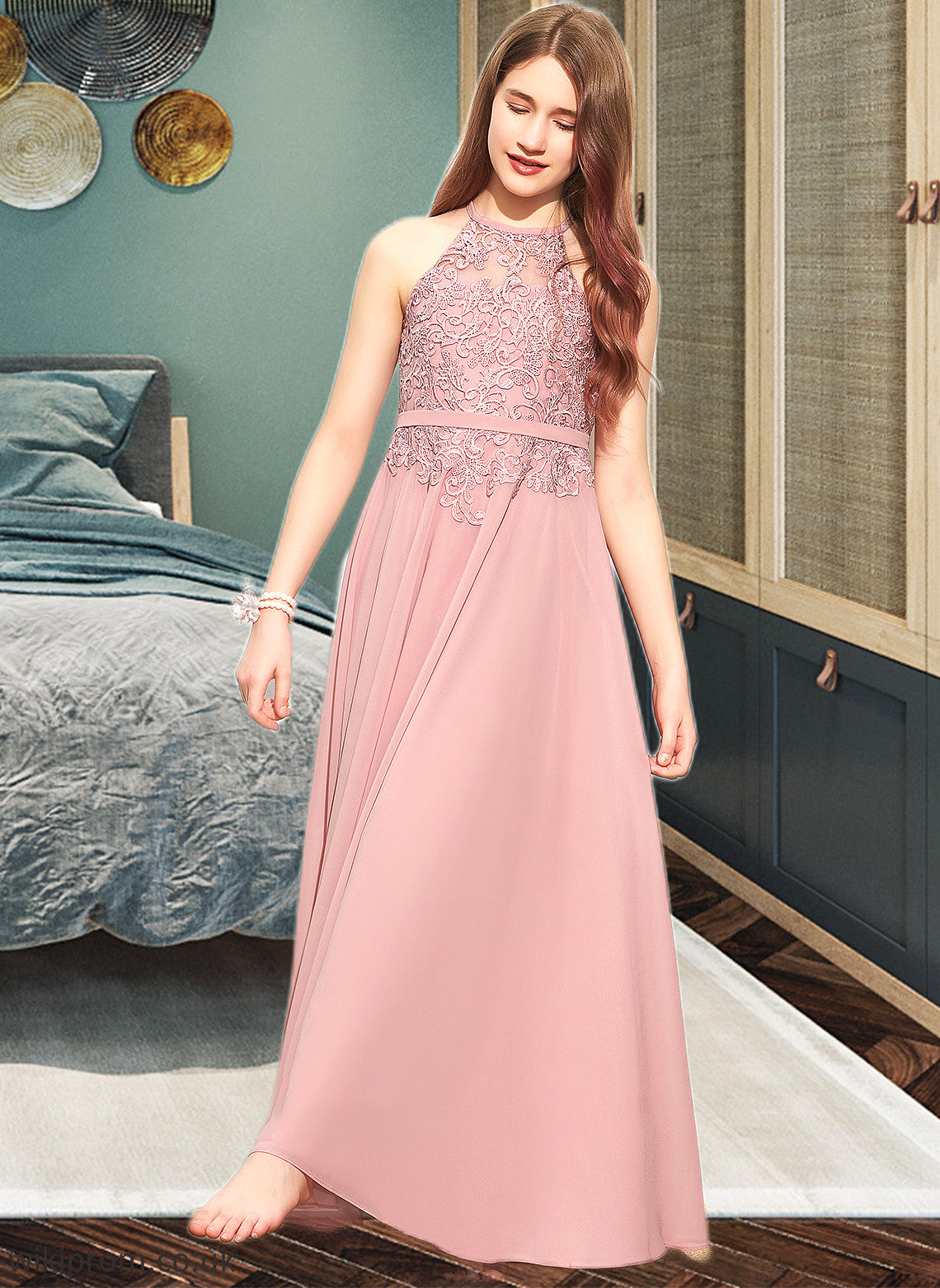 Maud A-Line Scoop Neck Floor-Length Chiffon Lace Junior Bridesmaid Dress SWKP0013549